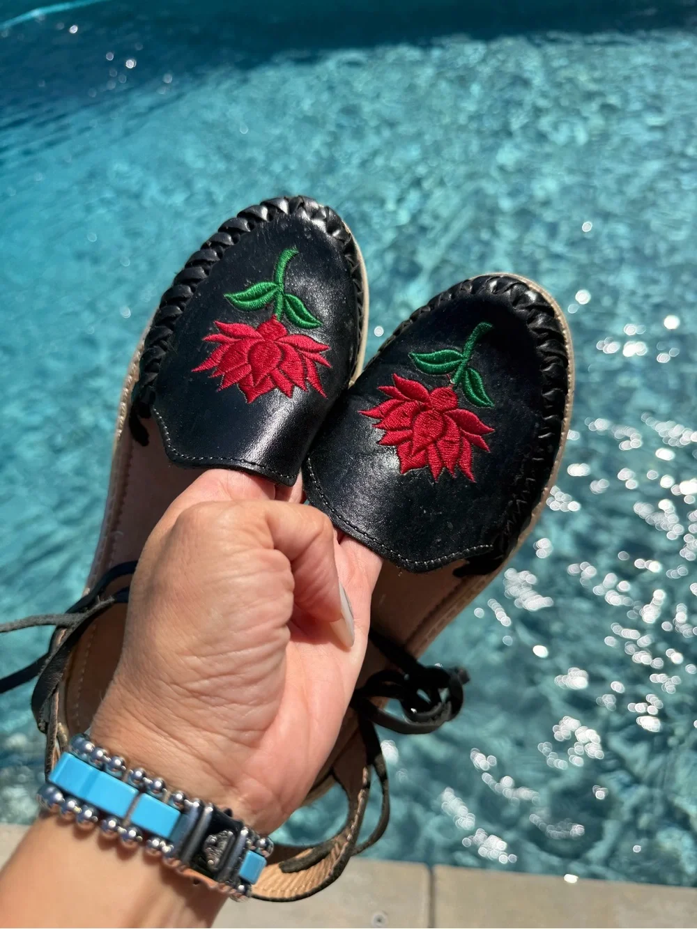 Women’s Black Leather Espadrille Sandals with Red Floral Embroidery